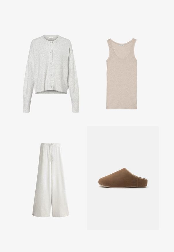 Cardigan gris clair en matériau doux, avec un col rond, des manches longues et cinq boutons de fermeture à l'avant. Ourlet court.; Débardeur sans manches beige en tissu léger, avec un col rond et une coupe décontractée, présentant un aspect doux et texturé.; Pantalon large gris clair avec taille élastique et cordon de serrage, fabriqué en tissu doux adapté à un usage décontracté.; Mule marron en daim avec une doublure intérieure douce en peau de mouton et une semelle plate, conçue pour le confort à l'intérieur.