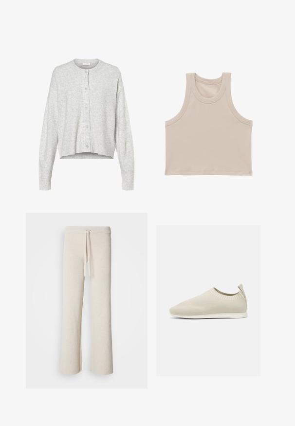 Cardigan gris clair en matériau doux, avec un col rond, des manches longues et cinq boutons de fermeture à l'avant. Ourlet court.; Crop top sans manches côtelé beige avec larges emmanchures et encolure ronde.; Pantalons larges beiges en tissu doux, dotés d'une taille élastique avec cordon de serrage et d fentes sur les côtés à l'ourlet.; Chaussure slip-on en tricot beige avec profil bas, tige texturée et semelle flexible. Présente un design tissé autour de la cheville pour plus de confort.