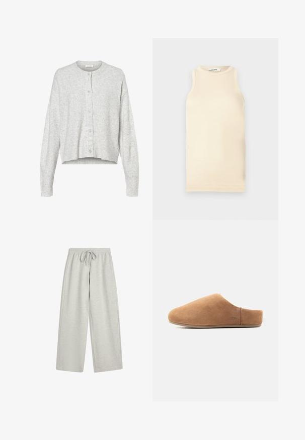 Vaaleanharmaa neuletakki, joka on valmistettu pehmeästä materiaalista. Tässä on pyöreä pääntie, pitkät hihat ja viisi nappisuljettavaa edessä. Lyhyt helma.; Vaalean beige ilman hiuksia oleva paita, joka on valmistettu ribbikankaasta ja jossa on pyöreä kaula-aukko sekä tiukka malli. Sileä tekstuuri, jossa on vain vähän saumoja.; Vaaleanharmaat, leveälahkeiset collegehousut, joissa on pehmeä pinta, joustava vyötärönauha ja etuosassa solmittava yksityiskohta. Taskuja ei ole näkyvissä. Rentoon käyttöön sopiva malli.; Vaaleanruskea mokkanahkainen liukukengas, jossa suljettu kärki, avoin takaosa, litteä pohja ja pieni UGG-logo sivussa, esitetty profiilista.