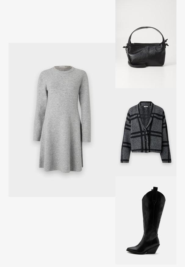 Cardigan cropped gris foncé en laine douce, avec un motif à carreaux noirs, un col châle et deux boutons noirs à l'avant.; Robe grise à manches longues en tissu doux ; présente un col rond et une coupe décontractée, s'évasant légèrement à l'ourlet avec des fentes latérales.; Botte de cowboy en cuir noir avec bout pointu, talon bloc incliné, couture décorative et languettes en haut sur fond blanc.; Sac à main en cuir noir au design structuré, avec une poignée arrondie et une bandoulière amovible. Présente une texture lisse et un éclat subtil.