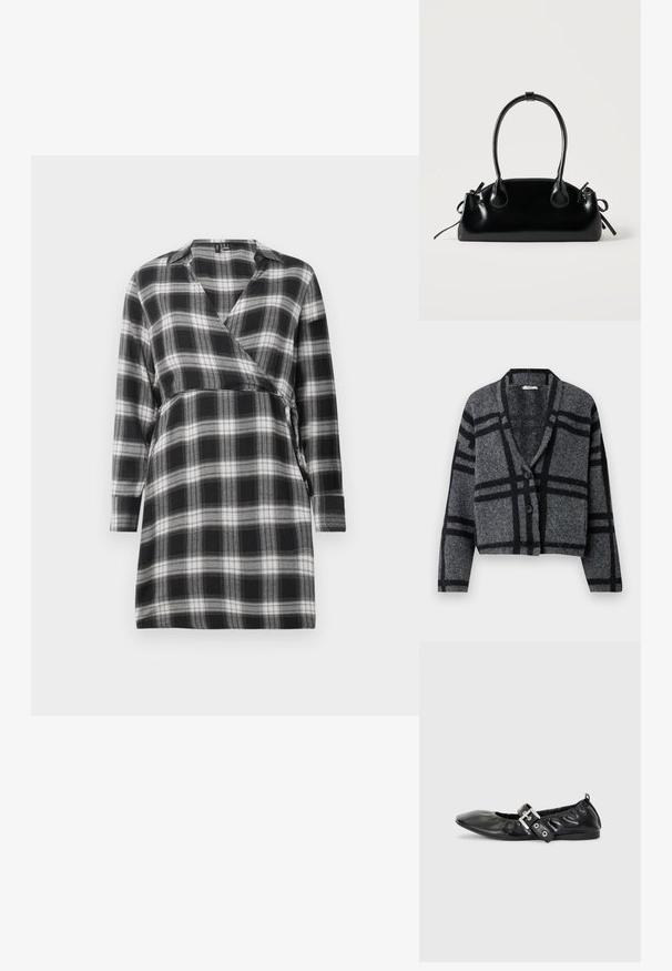 Cardigan cropped gris foncé en laine douce, avec un motif à carreaux noirs, un col châle et deux boutons noirs à l'avant.; Robe portefeuille à carreaux noir et blanc avec des manches longues, décolleté en V et un lien à la taille. Tissu doux avec un motif à carreaux dans tout le vêtement.; Chaussure plate en cuir noir avec un nez pointu, des détails froncés autour de l'ouverture et un accent en boucle argentée sur la bride ajustable.; Petit sac à main noir brillant avec deux longues anses et des détails à cordon sur les côtés sur un fond clair uni.