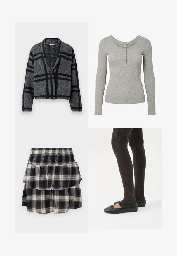 Cardigan cropped gris foncé en laine douce, avec un motif à carreaux noirs, un col châle et deux boutons noirs à l'avant.; Haut à manches longues gris clair côtelé avec encolure ronde et patte de boutonnage à quatre boutons, silhouette ajustée et tissu tricoté doux.; Jupe à volants à carreaux noir et blanc avec taille smockée. Avec des couches froncées et une texture douce en coton.; Jambes portant des leggings côtelés foncés associés à des ballerines noires avec de petits détails en nœud sur fond blanc.