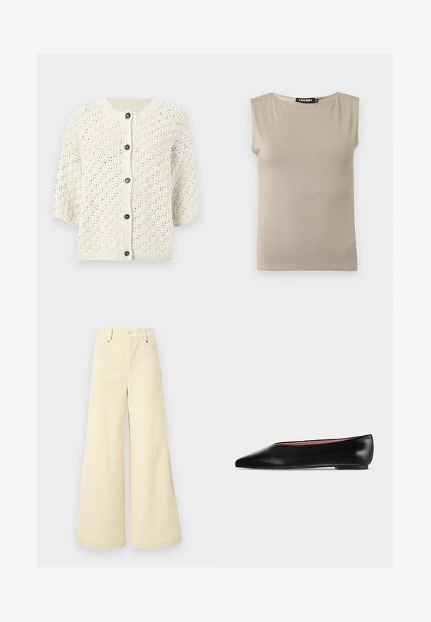 Cardigan en maille crème avec un motif texturé, manches courtes, cinq boutons noirs sur le devant et un col côtelé.; Haut beige en coton sans manches avec larges bretelles et col rond, taille moyenne, posé à plat sur fond blanc.; Pantalons larges en tissu beige doux avec une finition texturée, dotés de poches avant, de passants de ceinture et d'une fermeture à bouton unique.; Chaussure plate en cuir noir pour femme, avec bout pointu et petit talon, vue de côté sur un fond gris clair uni.