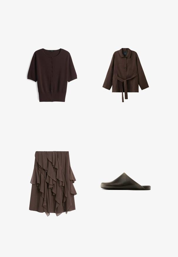 Bruine cardigan met korte mouwen, gemaakt van zacht gebreid materiaal, met een ronde halslijn en zes knopen aan de voorkant. Geribbelde zoomafwerking.; Donkerbruine lange mouw jas met kraag, twee knopen en een bijpassende stoffen riem gestrikt in de taille.; Bruine midi-rok met gelaagde asymmetrische ruches en lichte stofdetails.; Minimalistische donkerbruine instapschoen met een gesloten, afgeronde neus en een vlakke zool, van opzij getoond op een witte achtergrond.