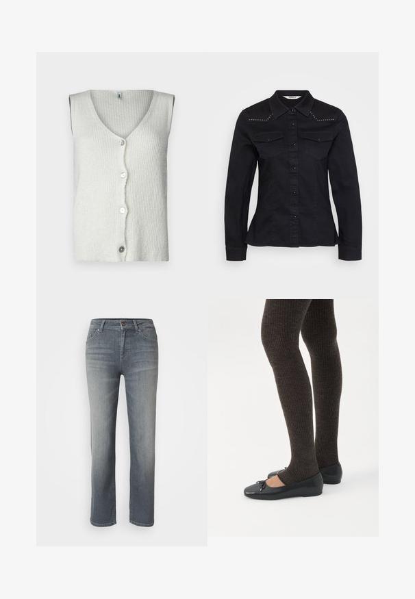 Gilet sans manches blanc en maille texturée, avec un décolleté en V profond et cinq boutons sur le devant, au design doux et décontracté.; Chemise en denim noir à manches longues, col pointed et poches poitrine doubles. Présente des clous argentés sur les épaules et un devant à boutons.; Jeans en denim gris avec une coupe droite, un design à cinq poches, fermeture à bouton et à zip, et une finition légèrement délavée.; Jambes portant des leggings côtelés foncés associés à des ballerines noires avec de petits détails en nœud sur fond blanc.