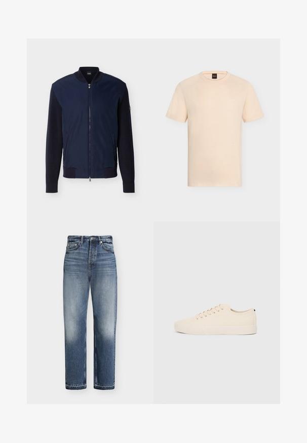Veste bomber bleu marine avec manches en maille, col côtelé, poignets, ourlet, fermeture éclair frontale, deux poches latérales et logo BOSS sur l'étiquette du col.; T-shirt beige manches courtes à col rond avec un logo « BOSS » discret sur la poitrine et une étiquette noire à l’intérieur de l’encolure.; Jean bleu taille haute à jambes droites avec des détails délavés, poches avant, fermeture par bouton et passants de ceinture sur fond blanc.; Baskets en toile beige avec bout arrondi, semelle en caoutchouc plate et lacets à l'avant. Présente un design minimaliste et un accent noir contrastant au niveau du talon.