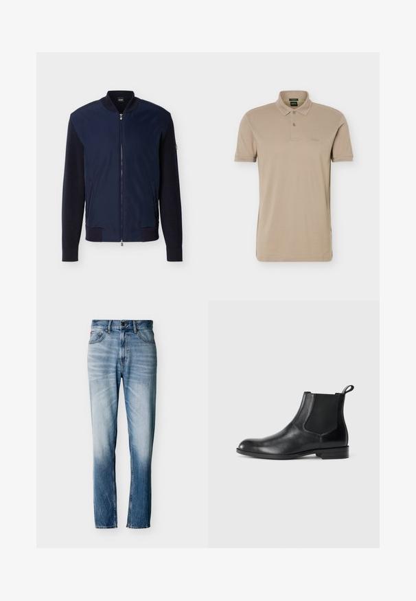 Veste bomber bleu marine avec manches en maille, col côtelé, poignets, ourlet, fermeture éclair frontale, deux poches latérales et logo BOSS sur l'étiquette du col.; Polo beige à manches courtes avec deux boutons et un petit logo embossé sur la poitrine gauche.; Jean bleu délavé à coupe droite avec cinq poches, fermeture par bouton et passants pour ceinture, présenté à plat sur fond blanc.; Bottine en cuir noir avec des panneaux latéraux élastiques, bout rond et tirette. Texture lisse, semelle plate, design minimaliste.