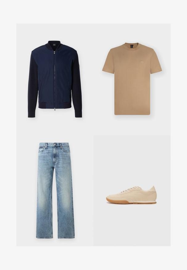 Veste bomber bleu marine avec manches en maille, col côtelé, poignets, ourlet, fermeture éclair frontale, deux poches latérales et logo BOSS sur l'étiquette du col.; T-shirt marron clair à manches courtes et col rond avec petit logo blanc "BOSS" sur la poitrine gauche, présenté sur un fond uni clair.; Jean droit en denim bleu clair avec taille haute, cinq poches, fermeture à boutons et léger délavage sur les cuisses et les genoux.; Baskets en daim beige au design épuré, présentant une tige texturée, un bout rond et une semelle en caoutchouc avec un motif en zigzag.