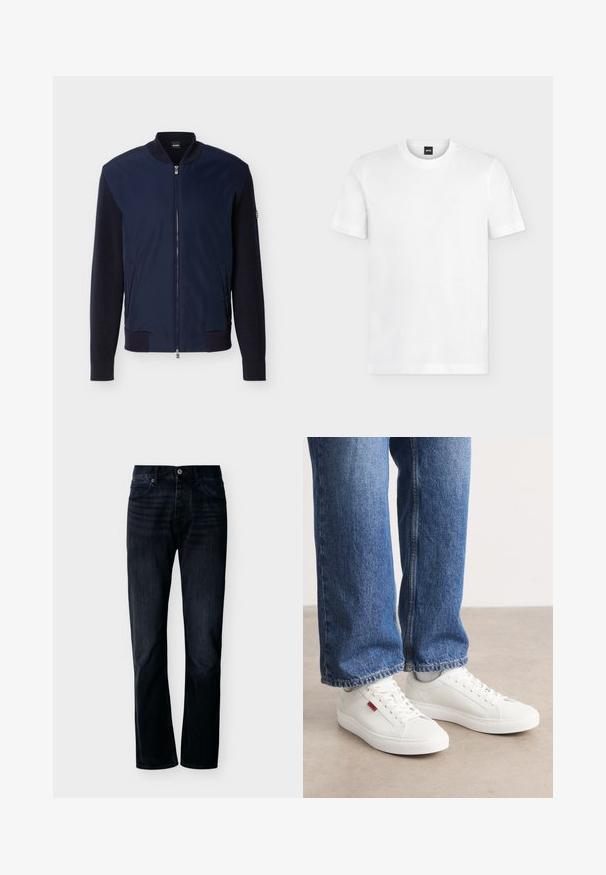 Veste bomber bleu marine avec manches en maille, col côtelé, poignets, ourlet, fermeture éclair frontale, deux poches latérales et logo BOSS sur l'étiquette du col.; T-shirt blanc à manches courtes et col rond avec logo BOSS discret sur la partie supérieure gauche de la poitrine et étiquette noire au niveau du col.; Jean droit couleur indigo foncé avec fermeture avant à boutons et zip, passants pour ceinture et design à cinq poches, présenté sur un fond clair uni.; Baskets blanches avec une surface lisse, un bout rond et une semelle plate. Accompagnées d'un jean en denim bleu avec une coupe droite et des coutures visibles.