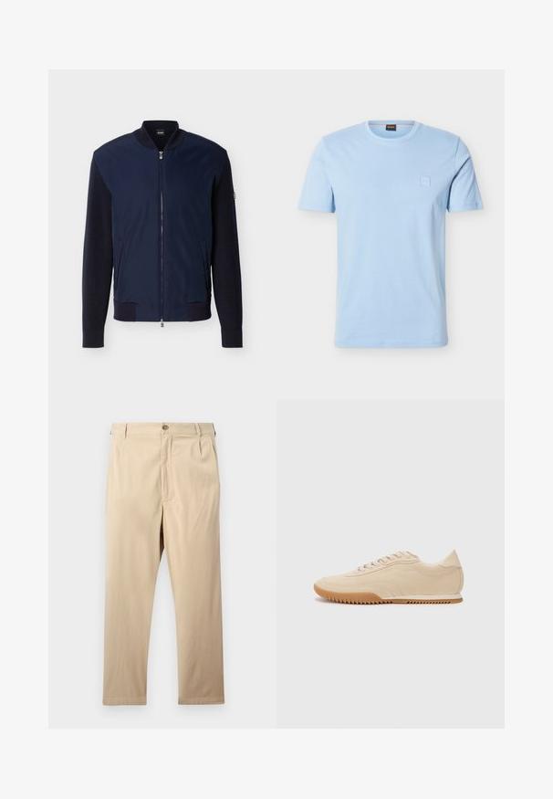 Veste bomber bleu marine avec manches en maille, col côtelé, poignets, ourlet, fermeture éclair frontale, deux poches latérales et logo BOSS sur l'étiquette du col.; T-shirt bleu clair à manches courtes avec un col rond, orné d’un petit logo carré embossé sur la poitrine gauche et d’une étiquette de cou de marque.; Pantalon beige à jambes droites avec fermeture par bouton et zip, passants pour ceinture et poches latérales, posé à plat sur un fond clair.; Baskets en daim beige au design épuré, présentant une tige texturée, un bout rond et une semelle en caoutchouc avec un motif en zigzag.