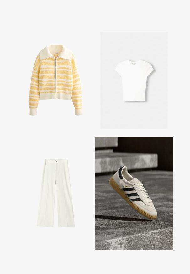 Veste zippée en maille avec une base blanc crème et de larges rayures horizontales jaunes, texture douce et grand col.; T-shirt blanc à manches courtes en coton doux, avec un col rond et une coupe ajustée. Pas de motifs ni d'ornements visibles.; Pantalon blanc taille haute à jambes larges, avec plis à l'avant, passants pour ceinture et fermeture par bouton noir à la taille.; Baskets Adidas Spezial blanches avec des rayures noires et une semelle en gomme flottant au-dessus de marches en pierre grises à l'extérieur.