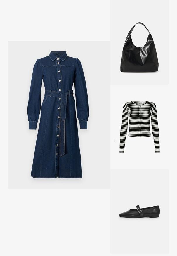 Cardigan court à manches longues rayé horizontal noir et blanc avec encolure ronde et fermeture boutonnée à l’avant.; Robe en denim bleu foncé avec des manches longues, fermeture à boutons sur le devant, col et une ceinture assortie à la taille ; présente des coutures discrètes et des poches.; Chaussure plate en cuir noir avec un bout arrondi, une seule sangle réglable à boucle et une texture lisse et brillante. Design minimaliste avec un petit talon.; Sac hobo en cuir noir avec une texture douce et brillante et un haut ouvert arrondi. Dispose d'une large sangle courbée pour le transport. Pas de matériel visible.