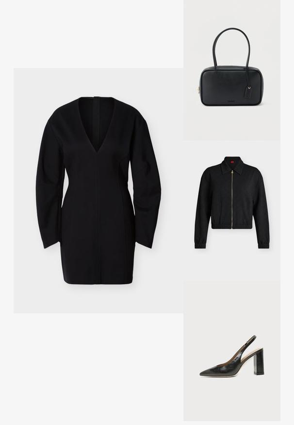 Veste noire à manches longues zippée avec col, poignets et ourlet élastiques, motif discret embossé, et tirette de fermeture éclair dorée fermée à l'avant.; Robe noire à manches longues avec un décolleté en V profond, une taille cintrée et des détails de coutures sur les manches et le corps, présentée sur un fond blanc uni.; Chaussure slingback en cuir noir à bout pointu avec un talon bloc haut et une doublure intérieure beige sur un fond clair uni.; Sac à main rectangulaire noir avec doubles poignées arrondies, fermeture éclair dorée et logo "HUGO" embossé sur le devant avec une étiquette en cuir attachée.