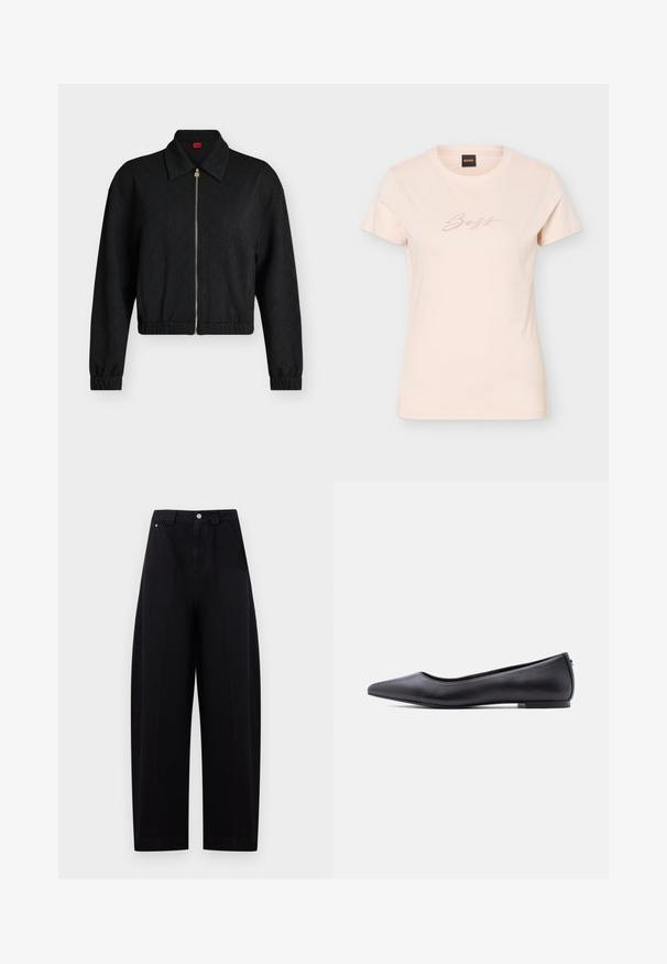 Veste noire à manches longues zippée avec col, poignets et ourlet élastiques, motif discret embossé, et tirette de fermeture éclair dorée fermée à l'avant.; T-shirt pour femme beige clair à manches courtes avec col rond et inscription "Boss" en petit script pointillé sur la poitrine.; Pantalon noir taille haute à jambes larges avec fermeture par bouton et zip devant, avec poches latérales et passants de ceinture sur un fond clair.; Chaussure plate en cuir noire à bout pointu avec petit talon, vue de profil sur fond blanc.