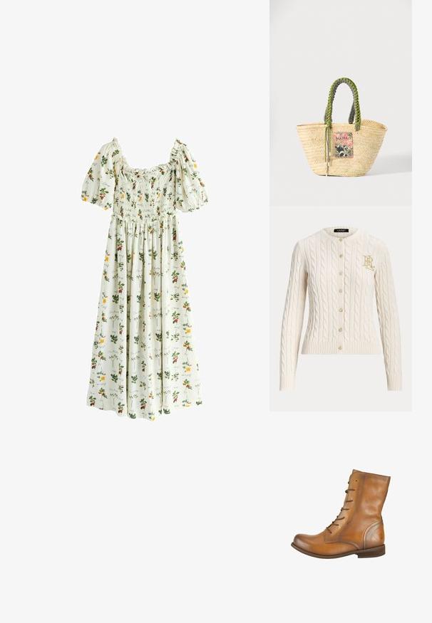 Cardigan crème en maille torsadée avec col rond, boutons devant, poignets et bas côtelés, et logo doré brodé sur la poitrine.; Robe maxi blanche à manches bouffantes, corsage froncé, motifs floraux et fruitiers multicolores avec texte en écriture cursive.; Bottes de cheville en cuir marron avec une texture lisse, bout rond, six œillets pour lacets et un logo embossé subtil sur le talon.; Sac cabas en paille beige tissée avec des poignées tressées vertes et noires et un patch rectangulaire coloré à l'avant.
