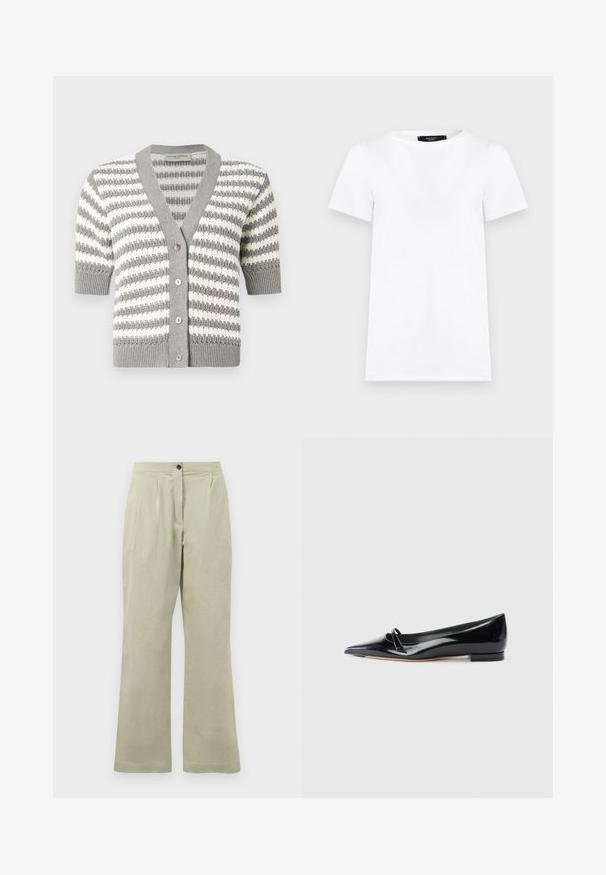 Grijze en witte gestreepte cardigan met korte mouwen, V-hals en vijf knopen. Gebreide textuur met ribbelrand.; Effen wit T-shirt met korte mouwen en een ronde hals, rechte pasvorm en een klein zwart label aan de binnenkant van de halslijn.; Lichtgroene wijde broek van zacht materiaal, met een knoopsluiting aan de voorkant, plooien en een nette zoom.; Zwarte gepatenteerde leren platte schoen met een puntige neus, een kleine decoratieve band en een lage blokhak. Gladde textuur en strak ontwerp.