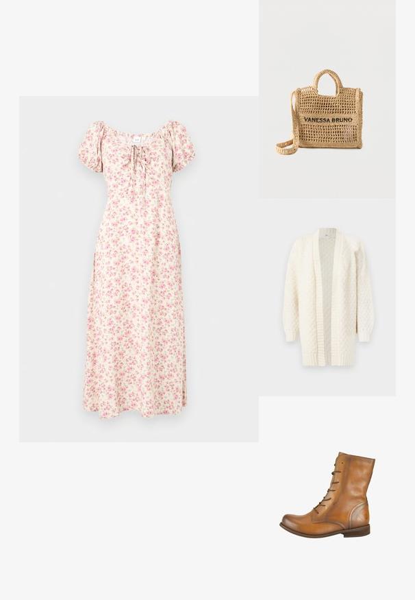 Gilet en tricot couleur crème avec une ouverture à l'avant, des manches longues, des poignets et un ourlet côtelés, présentant un motif texturé sur l'ensemble.; Robe midi crème à imprimé floral rose, manches bouffantes, encolure carrée et détail noué à l'avant.; Bottes de cheville en cuir marron avec une texture lisse, bout rond, six œillets pour lacets et un logo embossé subtil sur le talon.; Sac à main beige tissé avec deux poignées, une longue bandoulière, un design en tissage ouvert, et "VANESSA BRUNO" brodé en noir à l'avant.
