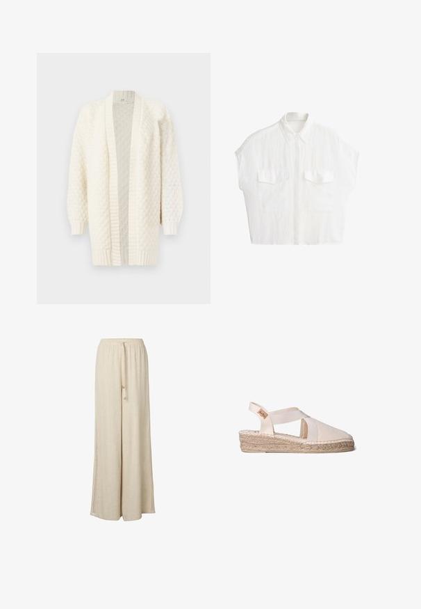 Gilet en tricot couleur crème avec une ouverture à l'avant, des manches longues, des poignets et un ourlet côtelés, présentant un motif texturé sur l'ensemble.; Chemise blanche à manches courtes avec boutons, col et deux poches avant à rabat, présentée sur un fond blanc uni.; Pantalon beige à jambes larges avec taille élastique et cordon, avec des panneaux latéraux perforés pour plus de texture et de respirabilité.; Espadrille en toile beige avec des brides élastiques croisées, semelle en jute et bout arrondi. Présente une petite étiquette de logo sur le talon.