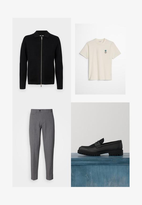Sort langærmet strikcardigan med sølvfarvet lynlås foran og lille krave, præsenteret mod en lys, ensfarvet baggrund.; Off-white kortærmet T-shirt med lille grønt plante- og tekstlogo på venstre bryst, rund halsudskæring og almindelig pasform.; Grå skræddersyede bukser med en glat tekstur, der har en enkelt knaplukning, forlommer og en slank pasform.; Sort lædersko uden snørebånd med en tekstureret stofdetalje, en robust gummisål og en glat finish. Har diskrete syningsdetaljer.