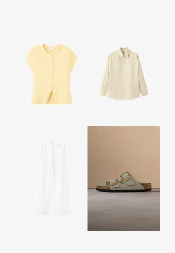 Top en maille jaune pâle à manches courtes avec bordure froncée le long de la patte de boutonnage et de l'encolure, présentant de petits boutons blancs sur le devant.; Chemise beige à manches longues boutonnée avec des rayures verticales subtiles et un col pointu, présentée sur fond blanc.; Jean blanc à jambes larges avec poches avant, passants pour ceinture et fermeture boutonnée à la taille.; Sandale vert clair avec deux boucles dorées, semelle intérieure en liège et semelle extérieure en caoutchouc noir texturé, sur un fond neutre.