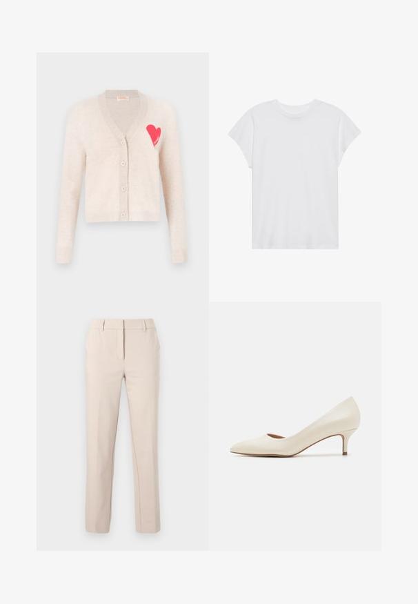 Cardigan beige avec un col en V, des manches longues et un design de cœur rose sur la poitrine gauche. Comprend cinq boutons et des poignets côtelés.; T-shirt blanc à manches courtes, col rond, coupe décontractée, en tissu de coton doux. Texture lisse, sans motifs ni logos.; Pantalon beige ajusté à jambe droite avec passants de ceinture, fermeture éclair frontale et bouton, sur un fond clair uni.; Escarpin beige à petit talon avec un bout pointu et un dessus lisse et brillant. Présente une subtile découpe le long de la voûte et un talon fin et effilé.