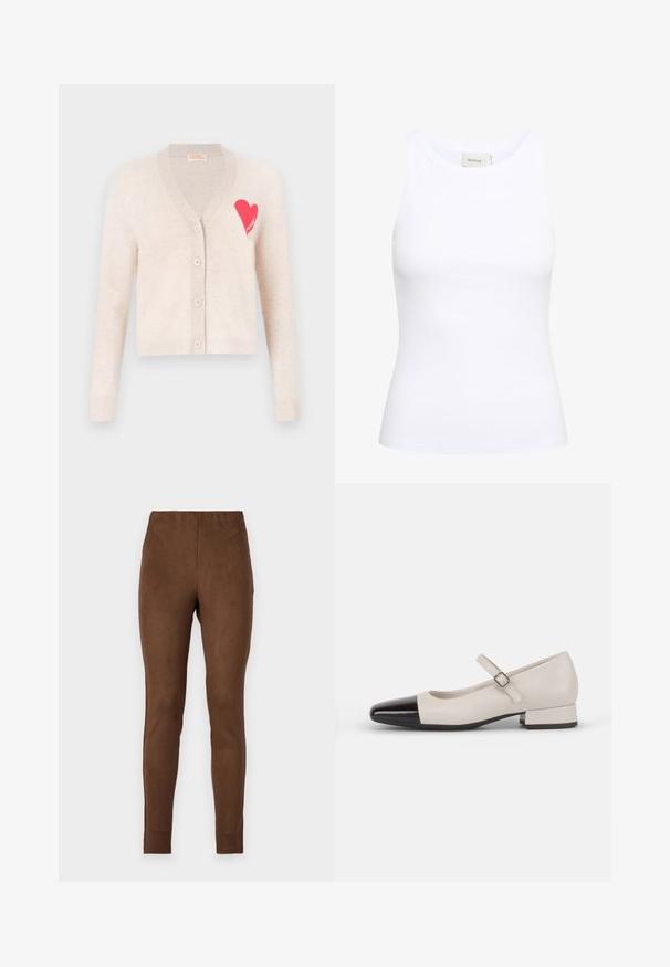 Cardigan beige avec un col en V, des manches longues et un design de cœur rose sur la poitrine gauche. Comprend cinq boutons et des poignets côtelés.; Débardeur blanc côtelé avec un col rond et sans manches. Tissu extensible et design ajusté. Étiquette au dos indiquant "GESTUZ."; Leggings marron en matériau doux, similaire au daim ; design ajusté, texture lisse et taille élastique pour plus de confort.; Chaussure de style Mary Jane en cuir crème avec un bout en vernis noir. Présente un bout rond, une sangle de cheville avec une boucle carrée et un petit talon carré.