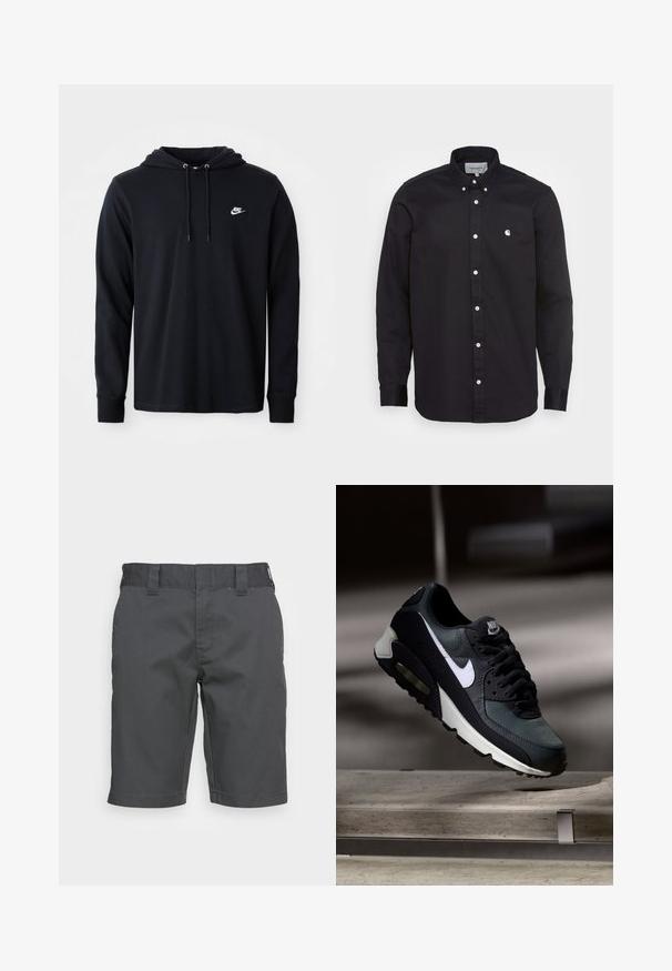 Μαύρο φούτερ Nike με μακριά μανίκια, κουκούλα με κορδόνι και μικρό λευκό λογότυπο Nike στο αριστερό στήθος, σε λευκό φόντο.; Μαύρο πουκάμισο με κουμπιά φτιαγμένο από βαμβάκι, με pointed κολάρο, μακριά μανίκια και ένα μικρό λευκό λογότυπο στο αριστερό στήθος. Διαθέτει λευκά κουμπιά.; Σκούρο γκρι σορτς κατασκευασμένα από ανθεκτικό ύφασμα, με ίσια μπροστινή πλευρά, θηλιές ζώνης και ελαφρώς χαλαρή εφαρμογή, χωρίς ορατά σχέδια ή λεπτομέρειες.; Μαύρο και γκρι αθλητικό παπούτσι Nike Air Max με λευκό σήμα, κρεμασμένο πάνω από μια τσιμεντένια επιφάνεια σε θολό σκοτεινό φόντο.