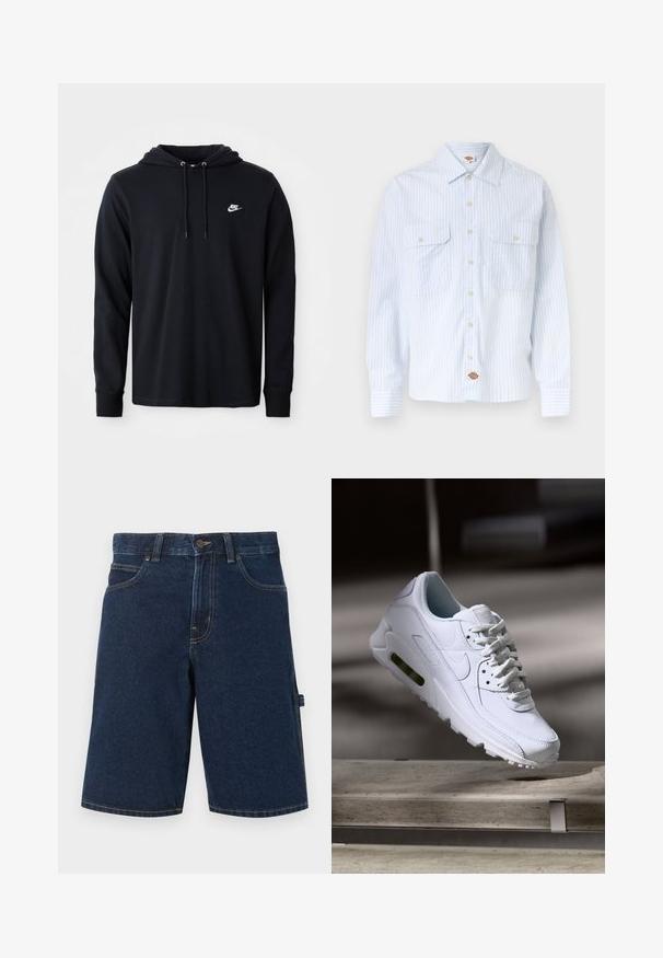 Must mustaga nike kapuutsiga, millel on paela ja väike valge nike logo vasakul rindkere piirkonnas, esitatud lihtsal valgel taustal.; Valge nööpidega pluus, millel on õhukesed sinised vertikaalsed triibud, kaks ees nööpidega rinnataskut ja väike logomärk all ääres.; Tumesinised teksast põlvpikad lühikesed püksid ees taskute, vööaasade, nööpkinnituse ja küljetiiruga ühevärvilisel taustal.; Valge nahast tennisete õhustuskujuga pinnad, pehmendustega krae ja nähtav õhuklapp tallas. Omab paelu ja minimaliseeritud disaini.