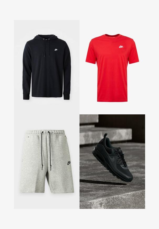 Μαύρο φούτερ Nike με μακριά μανίκια, κουκούλα με κορδόνι και μικρό λευκό λογότυπο Nike στο αριστερό στήθος, σε λευκό φόντο.; Κόκκινη βαμβακερή μπλούζα με κοντά μανίκια και στρογγυλή λαιμόκοψη, με λευκό λογότυπο Nike στην αριστερή περιοχή του στήθους. Λείο υλικό και καλαίσθητη σχεδίαση.; Ανοιχτό γκρι σορτς Nike με μαύρα κορδόνια, ελαστική μέση, πλαϊνές τσέπες και μικρό μαύρο λογότυπο Nike στο αριστερό πόδι.; Μαύρο αθλητικό παπούτσι Nike Air Max αιωρείται στον αέρα πάνω από μια υφή σκυρόδεμα στο έδαφος με σκάλες από σκυρόδεμα στο παρασκήνιο.