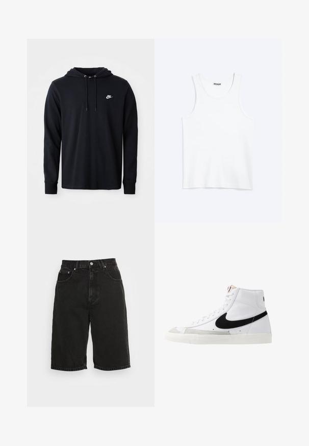 Schwarze Nike-Hoodie mit langen Ärmeln und Kapuze mit Kordelzug sowie kleinem weißen Nike-Logo auf der linken Brust, präsentiert vor einem schlichten weißen Hintergrund.; Weißes ärmelloses Tanktop mit rundem Ausschnitt und Weekday-Markenetikett auf der Innenseite des hinteren Kragens, flach auf hellem Hintergrund dargestellt.; Schwarze High-Waist-Denim-Shorts mit Vorderknopf, Reißverschluss, Gürtelschlaufen und Fünf-Taschen-Stil vor einfachem hellem Hintergrund.; Weiße High-Top-Sneaker mit einem schwarzen Swoosh, strukturiertem grauen Zehenkappeneinsatz und flacher weißer Sohle. Verfügt über sechs Ösen und genähte Akzente.