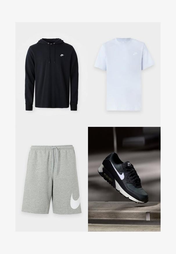 Μαύρο φούτερ Nike με μακριά μανίκια, κουκούλα με κορδόνι και μικρό λευκό λογότυπο Nike στο αριστερό στήθος, σε λευκό φόντο.; Ανοιχτό μπλε βαμβακερό μπλουζάκι με κοντά μανίκια, στρογγυλή λαιμόκοψη και λευκό λογότυπο Nike εκτυπωμένο στο αριστερό στήθος. Λείο υλικό, απλός σχεδιασμός.; Ανοιχτό γκρι αθλητικά σορτς με ελαστική μέση, κορδόνι και μεγάλο λευκό λογότυπο Nike swoosh στο κάτω αριστερό πόδι.; Μαύρο και γκρι αθλητικό παπούτσι Nike Air Max με λευκό σήμα, κρεμασμένο πάνω από μια τσιμεντένια επιφάνεια σε θολό σκοτεινό φόντο.