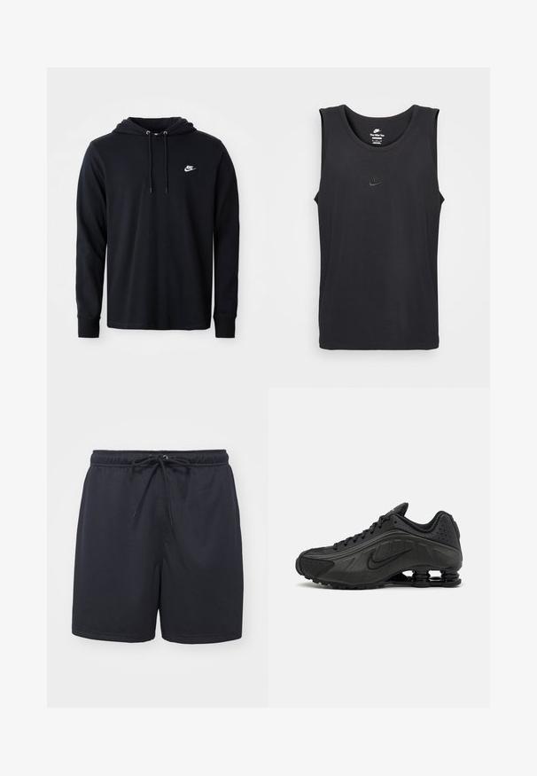 Μαύρο φούτερ Nike με μακριά μανίκια, κουκούλα με κορδόνι και μικρό λευκό λογότυπο Nike στο αριστερό στήθος, σε λευκό φόντο.; Μαύρο αμάνικο φανελάκι Nike φτιαγμένο από βαμβάκι, με στρογγυλή λαιμόκοψη και μικρό ανάγλυφο λογότυπο στο στήθος. Λείος υφασμάτινος ιστός.; Μαύρες αθλητικές βερμούδες φτιαγμένες από υφασμένο, αναπνεύσιμο υλικό; διαθέτουν ελαστική μέση με κορδόνι για ρυθμιζόμενη εφαρμογή.; Μαύρα αθλητικά παπούτσια με λείο συνθετικό άνω μέρος, διάτρητες λεπτομέρειες, υφή στις πλευρές και ξεχωριστή ελαστική σόλα.