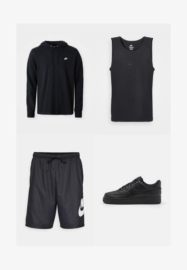 Μαύρο φούτερ Nike με μακριά μανίκια, κουκούλα με κορδόνι και μικρό λευκό λογότυπο Nike στο αριστερό στήθος, σε λευκό φόντο.; Μαύρο αμάνικο φανελάκι Nike φτιαγμένο από βαμβάκι, με στρογγυλή λαιμόκοψη και μικρό ανάγλυφο λογότυπο στο στήθος. Λείος υφασμάτινος ιστός.; Μαύρες μαγιό σορτς κατασκευασμένες από ελαφρύ υλικό, με ελαστική μέση και κορδόνι και μία μεγάλη λευκή λογότυπο της Nike στο αριστερό πόδι.; Nike Sportswear AIR FORCE 1 07 FLYEASE - Αθλητικά παπούτσια - black