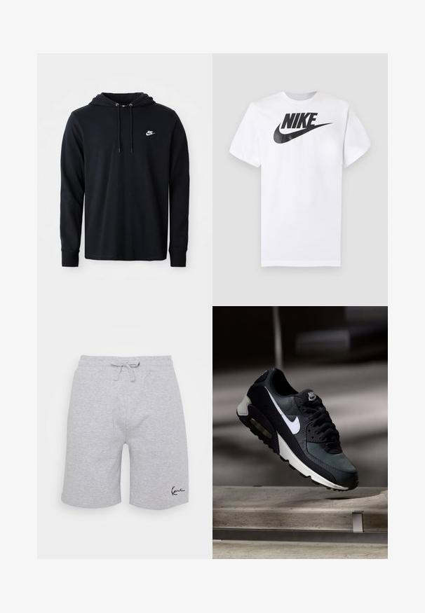 Μαύρο φούτερ Nike με μακριά μανίκια, κουκούλα με κορδόνι και μικρό λευκό λογότυπο Nike στο αριστερό στήθος, σε λευκό φόντο.; Λευκό κοντομάνικο T-shirt με μαύρο λογότυπο Nike και swoosh στο κέντρο του στήθους σε μονόχρωμο γκρι φόντο.; Γκρι βαμβακερές σορτς με ελαστική μέση και κορδόνι, διαθέτουν λογότυπο στο πλάι και πλαινές τσέπες; λεία υφή, casual σχέδιο.; Μαύρο και γκρι αθλητικό παπούτσι Nike Air Max με λευκό σήμα, κρεμασμένο πάνω από μια τσιμεντένια επιφάνεια σε θολό σκοτεινό φόντο.