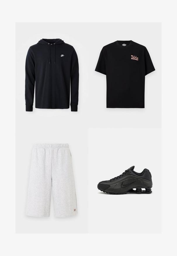 Μαύρο φούτερ Nike με μακριά μανίκια, κουκούλα με κορδόνι και μικρό λευκό λογότυπο Nike στο αριστερό στήθος, σε λευκό φόντο.; Μαύρο κοντομάνικο t-shirt με στρογγυλή λαιμόκοψη και μικρό ροζ λογότυπο «Dickies» στο αριστερό στήθος.; Ανοιχτό γκρι σορτς μήκους μέχρι το γόνατο με ελαστική μέση και μικρό λογότυπο της μάρκας στο κάτω αριστερό πόδι.; Μαύρα αθλητικά παπούτσια με λείο συνθετικό άνω μέρος, διάτρητες λεπτομέρειες, υφή στις πλευρές και ξεχωριστή ελαστική σόλα.