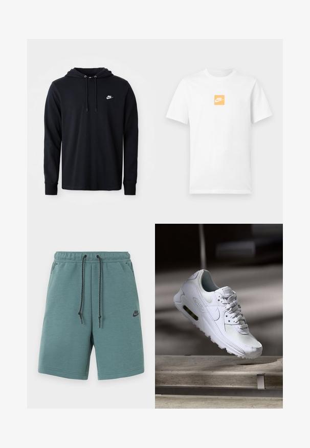Μαύρο φούτερ Nike με μακριά μανίκια, κουκούλα με κορδόνι και μικρό λευκό λογότυπο Nike στο αριστερό στήθος, σε λευκό φόντο.; Λευκό κοντομάνικο βαμβακερό μπλουζάκι με μικρό πορτοκαλί τετράγωνο στο στήθος που περιέχει λευκό λογότυπο της Nike και το swoosh.; Τιρκουάζ σορτς Nike με μαύρο κορδόνι, ελαστική μέση, πλαϊνές τσέπες και μικρό μαύρο λογότυπο Nike στο αριστερό μηρό.; Λευκό αθλητικό παπούτσι Nike Air Max 90 με άνω μέρος από διχτυωτό και δερμάτινο υλικό, τρυπητό μπροστινό μέρος και ορατή μονάδα αέρα στη φτέρνα.