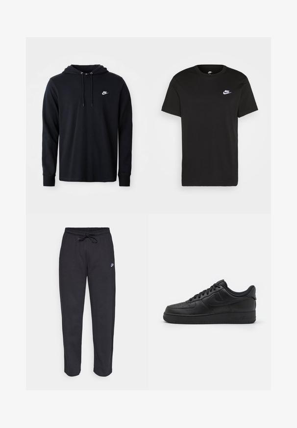 Schwarze Nike-Hoodie mit langen Ärmeln und Kapuze mit Kordelzug sowie kleinem weißen Nike-Logo auf der linken Brust, präsentiert vor einem schlichten weißen Hintergrund.; Schwarzes Baumwoll-T-Shirt mit kurzen Ärmeln, Rundhals und kleinem weißem Nike-Logo auf der oberen linken Brust. Glatte Textur. Klassische Passform.; Schwarze Sweatpants aus weichem Stoff mit elastischem Bund, Kordelzug und kleinem Nike-Logo auf dem linken Oberschenkel.; Nike Sportswear AIR FORCE 1 07 FLYEASE - Sneaker low - black