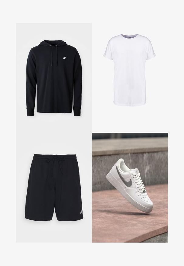 Μαύρο φούτερ Nike με μακριά μανίκια, κουκούλα με κορδόνι και μικρό λευκό λογότυπο Nike στο αριστερό στήθος, σε λευκό φόντο.; Απλή λευκή κοντομάνικη μπλούζα με γυρισμένα μανίκια και στρογγυλή λαιμόκοψη, εμφανιζόμενη σε λευκό φόντο.; Μαύρα αθλητικά σορτς από μαλακό ύφασμα με ελαστική μέση, κορδόνι και μικρό εκτυπωμένο λογότυπο στο κάτω αριστερό πόδι.; Λευκό sneaker Nike Air Force 1 με γκρι λογότυπο swoosh να αιωρείται πάνω από μια πέτρινη επιφάνεια και φόντο από γκρι πέτρινο τοίχο.