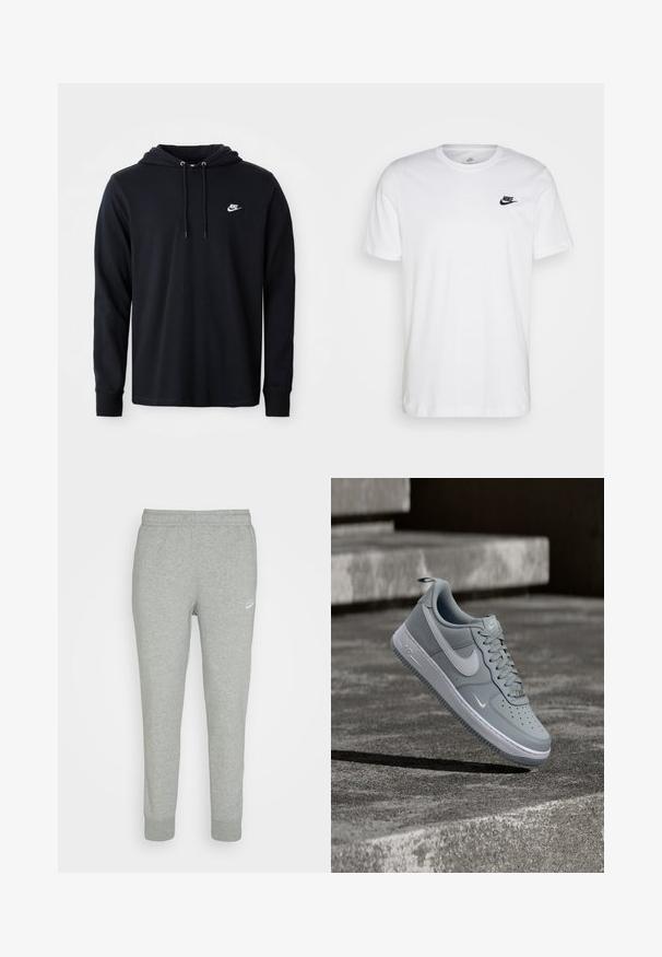 Sort langærmet Nike hoodie med snoretræk i hætten og lille hvid Nike-logo på venstre bryst, vist på en almindelig hvid baggrund.; Hvid bomulds T-shirt med rund hals, korte ærmer og et sort Nike-logo på venstre bryst. Enkel, ensfarvet design.; Grå sweatpants lavet af blødt stof, med tapered ben design, elastisk talje og lille hvid Nike-logo på venstre lår.; Grå Nike Air Force 1 sneaker med hvid Swoosh-logo, svævende over en tekstureret betonoverflade med trapper i baggrunden.