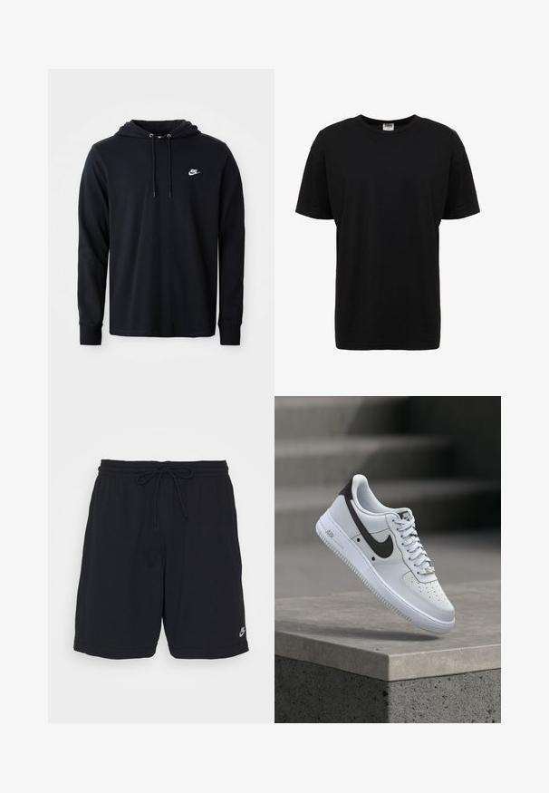 Μαύρο φούτερ Nike με μακριά μανίκια, κουκούλα με κορδόνι και μικρό λευκό λογότυπο Nike στο αριστερό στήθος, σε λευκό φόντο.; Μαύρη βαμβακερή μπλούζα με στρογγυλή λαιμόκοψη, κοντά μανίκια, κανονική εφαρμογή, ομαλή υφή και χωρίς ορατά μοτίβα ή διακοσμητικά.; Μαύρα αθλητικά σορτς από μαλακό ύφασμα με ελαστική μέση, κορδόνι και μικρό εκτυπωμένο λογότυπο στο κάτω αριστερό πόδι.; Λευκό αθλητικό παπούτσι Nike Air Force 1 με μαύρο λογότυπο Swoosh, αιωρείται πάνω από μια τσιμεντένια άκρη με θολές σκάλες στο φόντο.