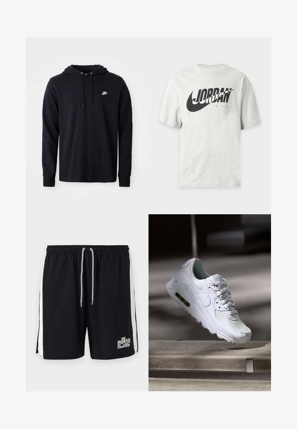Must mustaga nike kapuutsiga, millel on paela ja väike valge nike logo vasakul rindkere piirkonnas, esitatud lihtsal valgel taustal.; helehall lühikeste varrukatega T-särk musta Nike logoga ja "JORDAN AIR" tekstiga ees.; Mustad Nike'i spordipüksid valgete küljeribade ja valge paelaga vöökohal, esiosas vasakul jalal halli Nike logoga.; Valged Nike Air Max 90 sneakers, millel on võrkkangast ja nahast ülemine osa, aukudega varbadosa ning nähtav õhuüksus kandades.