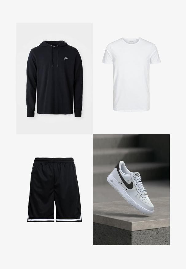 Sort langærmet Nike hoodie med snoretræk i hætten og lille hvid Nike-logo på venstre bryst, vist på en almindelig hvid baggrund.; Rundhals kortærmet t-shirt i ensfarvet hvid, lavet af blød bomuld, har et simpelt design uden synlige mønstre eller detaljer.; Sorte atletikshorts med elastisk talje, sidelommer med lynlås og hvide striber langs kanten.; Hvid Nike Air Force 1 sneaker med sort swoosh-logo, svævende over en betonforkant med slørede trapper i baggrunden.
