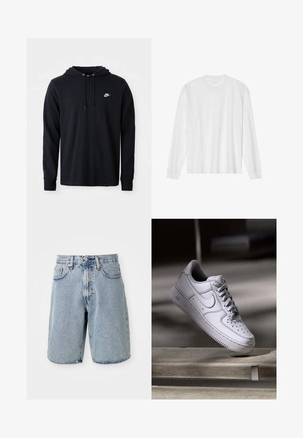 Μαύρο φούτερ Nike με μακριά μανίκια, κουκούλα με κορδόνι και μικρό λευκό λογότυπο Nike στο αριστερό στήθος, σε λευκό φόντο.; Λευκό βαμβακερό μπλουζάκι με μακριά μανίκια και στρογγυλή λαιμόκοψη, με ριμπ μανσέτες και ίσια τελειώματα, λεία υφή και μινιμαλιστικό σχεδιασμό.; Ανοιχτό μπλε τζιν σορτς με ψηλή μέση, ίσια γραμμή, φθαρμένο στρίφωμα, πέντε τσέπες και κουμπί κλεισίματος. Ορατή φθαρμένη υφή.; Λευκό δερμάτινο αθλητικό παπούτσι Nike Air Force 1 με διάτρητο μπροστινό μέρος, επίπεδα κορδόνια και υφή στην καουτσούκ σόλα με το λογότυπο "AIR" στην πλευρά.