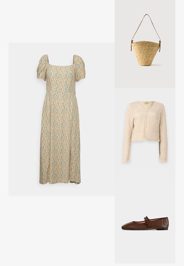 Krémová skrátená cardigan vyrobená z otvorenej pleteniny. Má dlhé rukávy, výstrih do V a predné viazanie.; Even&Odd by Zalando Denné šaty - green/pink; Hnedá kožená balerína Mary Jane s okrúhlou prackou a čiernou podrážkou na svetlosivom pozadí.; Pletená slamenná taška v tvare vedra so širokým dnom, úzkym vrchom a nastaviteľným hnedým koženým ramenným popruhom.