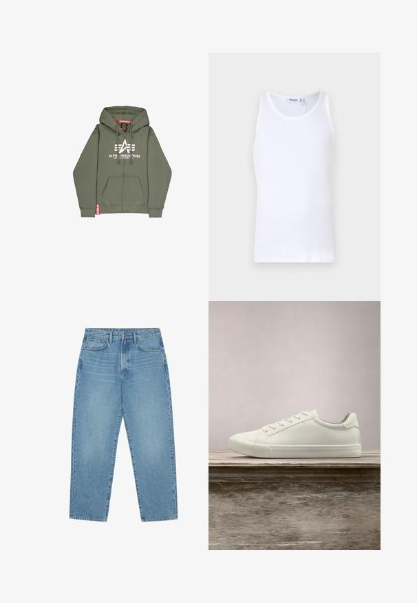 Oliven grøn zip-up hættejakke lavet af en bomuldsblanding. Har en frontlomme, hvidt trykt logo og rødt accentlabel på kanten.; Hvid bomulds tanktop med rund hals og brede stropper. Glat tekstur, ingen mønstre, enkelt design og mærkeetiket på halsudskæringen.; Lyseblå denimjeans med lige ben, fem-lomme design og en let falmet struktur. Indeholder knap- og lynlåslukning.; Hvide snørresneakers svævende over en træbænk med grønne planter i baggrunden, der fremhæver skodesign og tekstur.