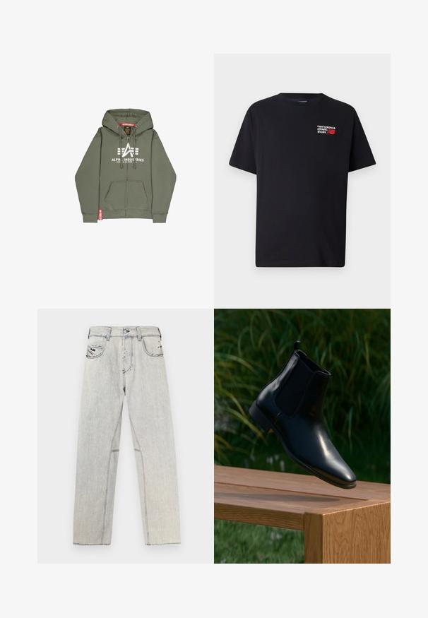Veste à zip couleur olive en mélange de coton. Elle comporte une poche avant, un logo imprimé blanc et une étiquette d'accent rouge sur l'ourlet.; T-shirt en coton noir avec un col rond. Présente un petit logo et texte "New Balance" en rouge et blanc sur la partie supérieure gauche de la poitrine.; Jean en denim bleu clair coupe droite, avec des coutures contrastées, deux poches avant et des détails usés sur le tissu.; Bottine Chelsea en cuir noir flottant au-dessus d'un banc en bois, avec de l'herbe et des plantes en arrière-plan.