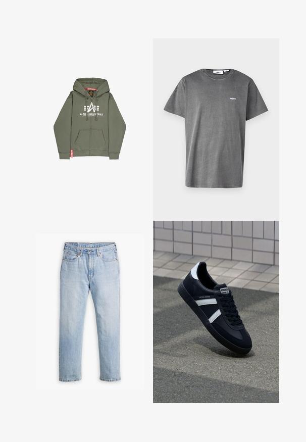 Oliven grøn zip-up hættejakke lavet af en bomuldsblanding. Har en frontlomme, hvidt trykt logo og rødt accentlabel på kanten.; Grå bomulds T-shirt med korte ærmer, rund halsudskæring og et lille hvidt "obey" logo på brystet. Glat tekstur, afslappet design.; Lysblå denimjeans med lige bendesign, fem lomme stil og kontrastsyet. Knap- og lynlåslukning i taljen.; Sort lædersneaker med hvide striber, tekstureret gummisål og snørrebånd foran. Har et brandet mærke på tungen.