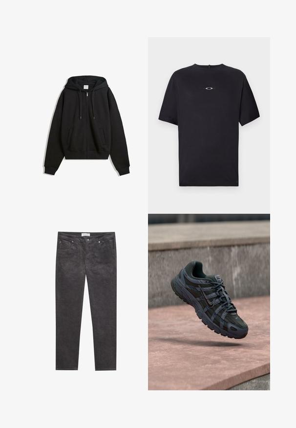 Musta vetoketjullinen huppari, jossa rento istuvuus, leveät hihat, etutaskut ja säädettävä nauhahuppu. Valmistettu pehmeästä, tekstuurilla varustetusta kankaasta.; Oakley STACKED TEE - Printtipaita - blackout; Tummanharmaat corduroitakit, joissa on huomattava pinta, viisi taskua, vetoketjuhaitari ja metalliset yksityiskohdat. Suora lahje.; Tummaharmaa Nike juoksukenkä, jossa verkkokangas ja synteettinen muotoilu, leijuu vaaleanpunertavan betonipinnan yläpuolella harmaan kivitaustan edessä.