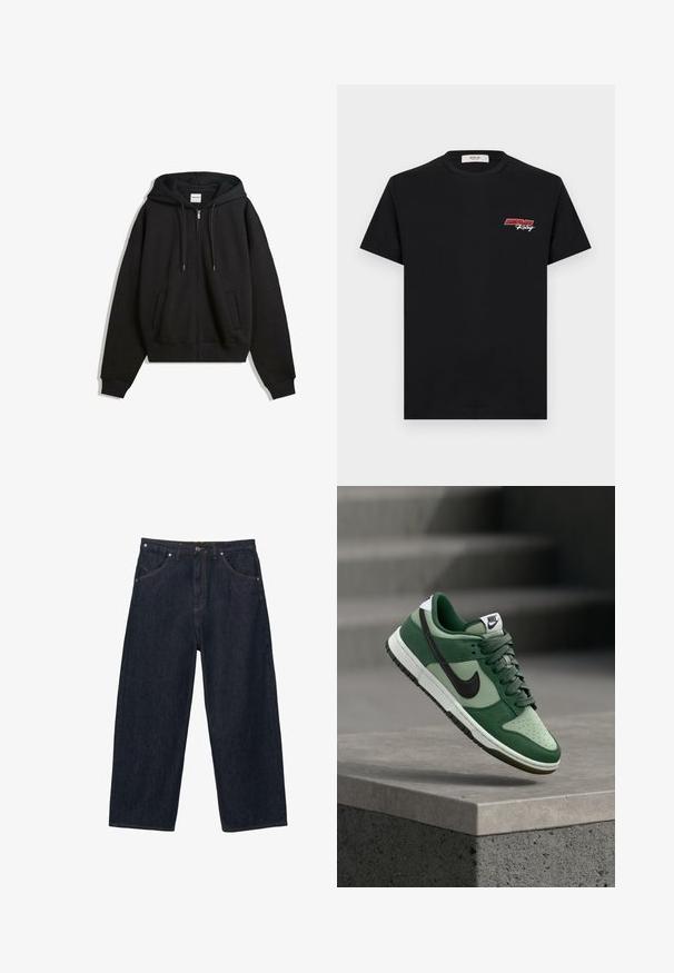 Sort zip-up hoodie med afslappet pasform, brede ærmer, frontlommer og justerbar snoretrækshætte. Lavet af blødt, struktureret stof.; Sort bomulds T-shirt med korte ærmer. Har et lille rødt og hvidt "REPLAY Racing" logo på venstre brystområde. Enkel design.; Mørkeblå vidde jeans med fem lommer, knaplukning og synlige orange syninger.; Grønne Nike Dunk-sneaks har et design i læder og ruskind, sort Swoosh, hvide accenter, perforeret tåboks og gummiydersål.