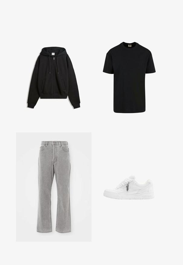 Schwarze Kapuzenjacke mit durchgehendem Reißverschluss, lässiger Passform, weiten Ärmeln, Fronttaschen und verstellbarem Kordelzug an der Kapuze. Hergestellt aus weichem, strukturiertem Material.; Urban Classics SHORTSLEEVE - T-Shirt basic - black; Helle graue Denim-Jeans mit hoher Taille, ausgestellten Beinen und sichtbaren Nähten. Mit Eingrifftaschen und einem Reißverschluss.; Weißer Sneaker mit niedrigem Schaft und dicker Sohle, aus Mesh- und Lederpaneelen, weißen Schnürsenkeln und einem kleinen Metallanhänger in Form eines Blitzes, der an den Schnürsenkeln hängt.